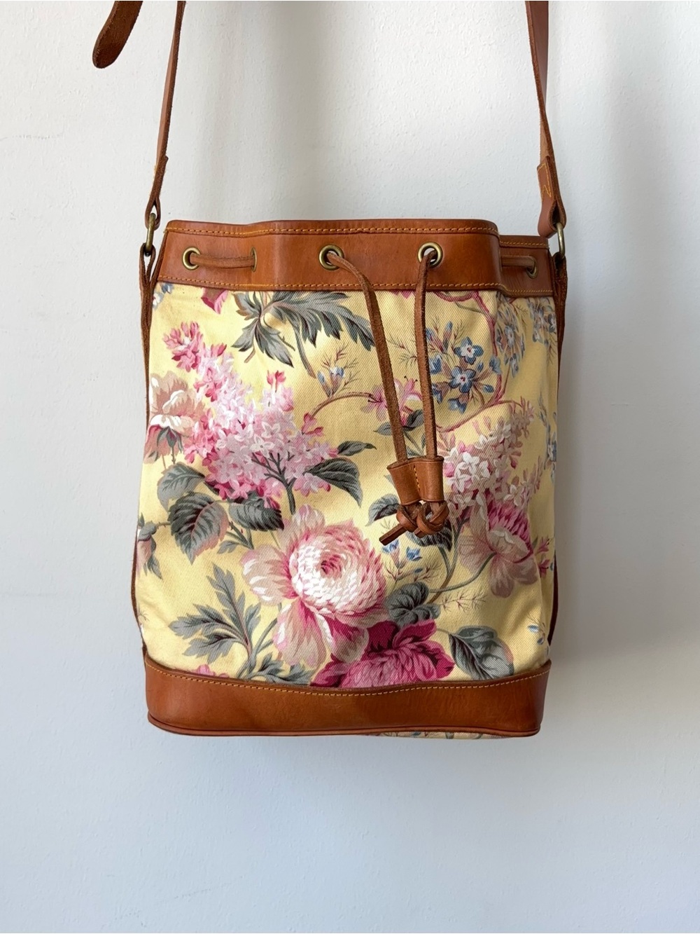 Vintage 80s Ralph Lauren Yellow Floral Drawstring Bucket Bag Leather Canvas Tote - Picture 2 of 15